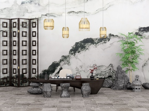  新中式泡茶桌椅组合 吊灯 竹子 假山 石头 屏风 茶具3d模型 