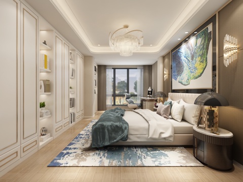  现代主人卧室 吊灯 壁灯 台灯 双人床 挂画 置物架 摆3d模型 