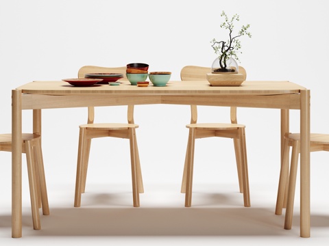  现代木质餐桌椅子食物摆件组合3d模型 