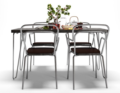  工业风餐桌椅子食物摆件组合3d模型 