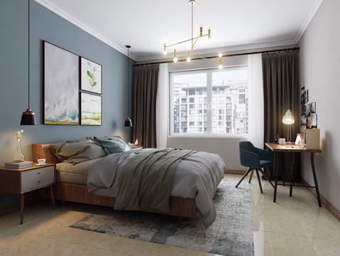  北欧 卧室 床 吊灯 窗帘 书桌 床头柜 地毯 装饰画3d模型 