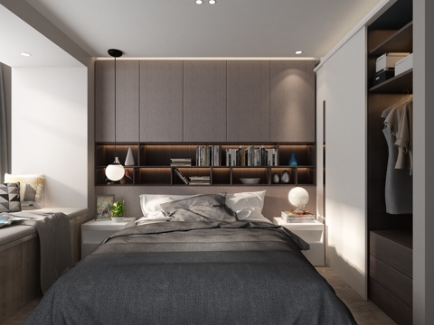  现代卧室 金属吊灯 书架 双人床 衣橱 飘窗3d模型 