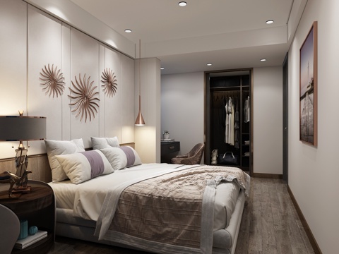  现代轻奢卧室主人房 台灯 挂画 双人床 衣橱3d模型 