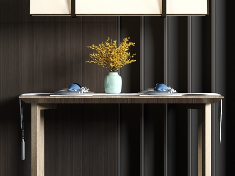  新中式实木餐桌餐具吊灯组合3d模型 