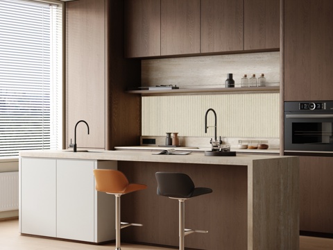  中古风吧台吧椅 复古风开放式厨房 中古风吧台区3d模型 