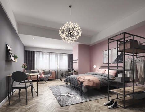  工业风卧室 吊灯 置物架 摆件 双人床 沙发 椅子3d模型 