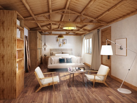  新中式民宿主卧 麻绳吊灯 床 衣柜 古朴镜子 墙饰3d模型 