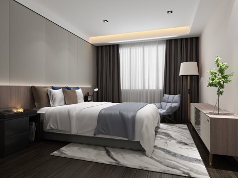  北欧卧室 双人床 落地灯 装饰柜 摆件3d模型 