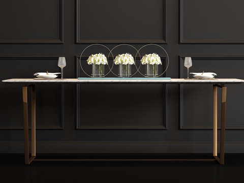  现代金属大理石餐桌餐具饰品组合3d模型 