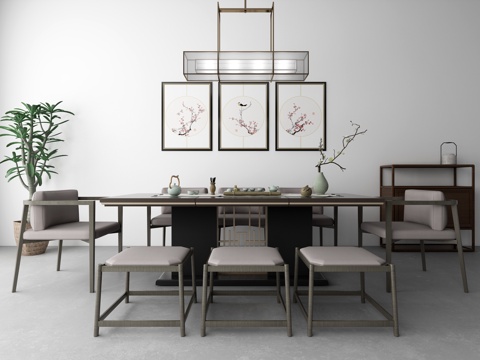  新中式餐桌椅 吊灯 装饰柜组合3d模型 