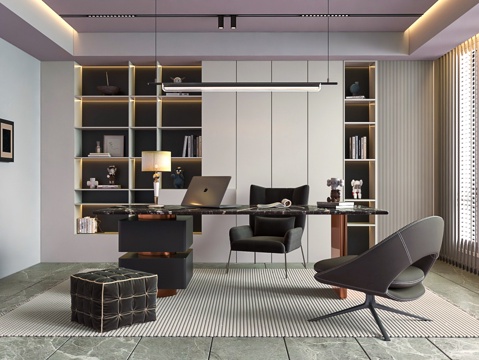  现代书房 背景墙 书柜 书桌椅组合3d模型 