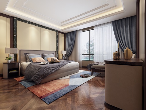  现代简约卧室 双人床 装饰柜 台灯3d模型 