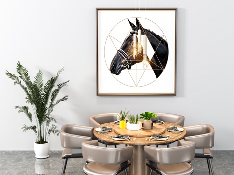  现代餐桌  餐椅 绿植 挂画  吊灯  餐具3d模型 