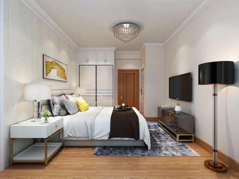  现代主卧室 落地灯 吊灯 台灯 双人床 书桌椅 衣柜 挂画3d模型 