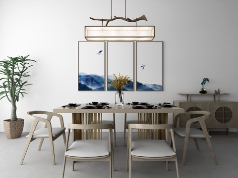  新中式餐桌椅 装饰画 吊灯组合3d模型 