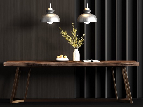  新中式金属实木餐桌吊灯饰品组合3d模型 