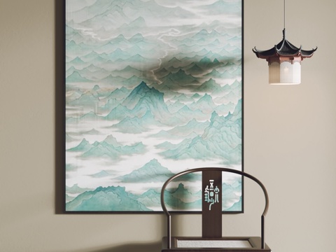  新中式挂画 装饰画 客厅挂画 玄关挂画 书房挂画 吊灯 单椅3d模型 