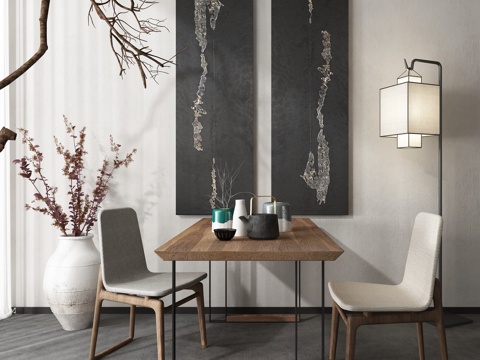  新中式餐桌椅 新中式餐桌 餐桌 干支 挂画3d模型 