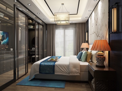  新中式卧室 衣帽间 台灯 壁灯 吊灯 双人床3d模型 