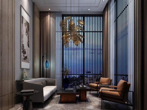  新中式会所洽谈室3d模型 