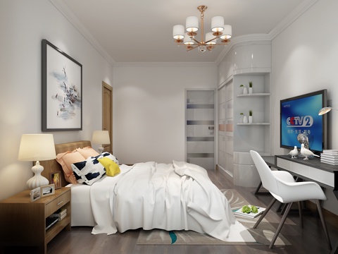  现代主卧室 吊灯 双人床 置物架 摆件 台灯 书桌椅 挂画3d模型 