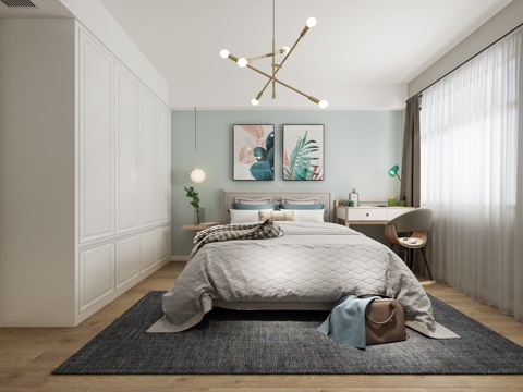  北欧宜家卧室北欧吊灯 书桌椅 床 宜家床 北欧挂画3d模型 