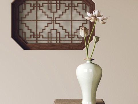  新中式饰品摆件 陶罐 花瓶 花艺3d模型 