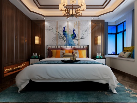  新中式卧室 吊灯 双人床 壁灯 背景墙 飘窗3d模型 