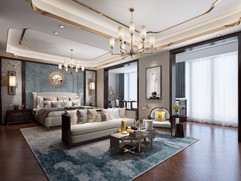  新中式卧室 主卧 床 沙发组合 餐桌椅3d模型 