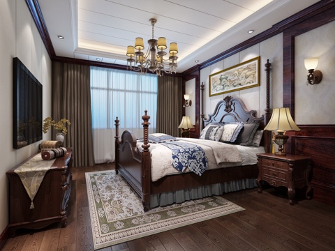  美式卧室 吊灯 双人床 挂画 装饰柜 壁灯 台灯3d模型 