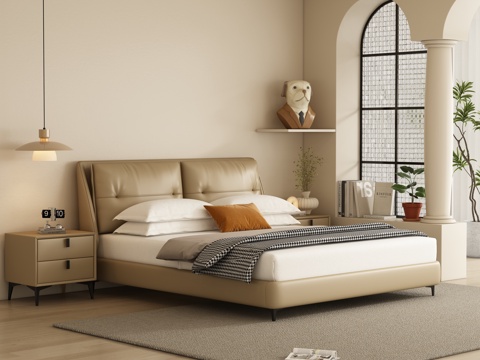  奶油风卧室 双人床3d模型 