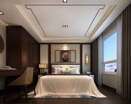  新中式卧室 桌椅 衣柜 吊灯 台灯 床3d模型 