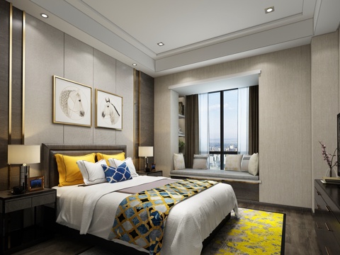  现代简约卧室 台灯 双人床 挂画 飘窗3d模型 