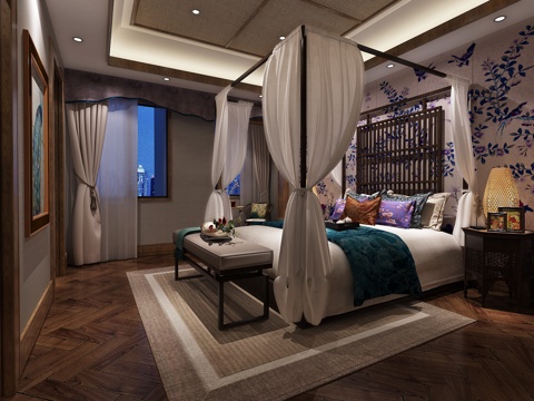  东南亚样板间主人卧室 双人床 床尾凳3d模型 