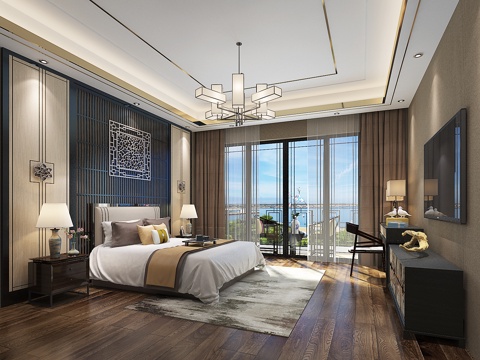  新中式卧室 吊灯 双人床 台灯 装饰柜 书桌椅3d模型 