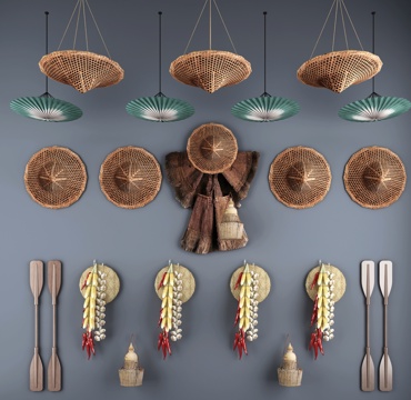  传统中式农庄竹藤斗笠油子伞蓑衣玉米辣椒蒜头墙饰挂件3d模型 