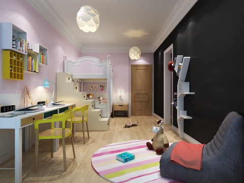  新中式女孩儿童房 楼梯上下床 书桌椅 书架 摆件 沙发3d模型 