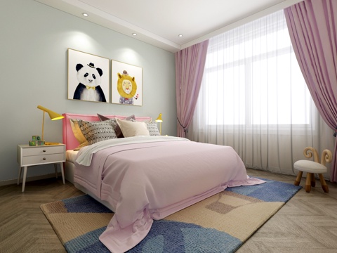  北欧女儿房 床 挂画 衣柜3d模型 