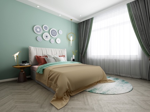  北欧次卧室 双人床 装饰画 衣柜 吊灯3d模型 