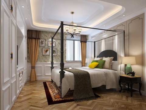  现代主卧 吊灯 双人床 台灯3d模型 