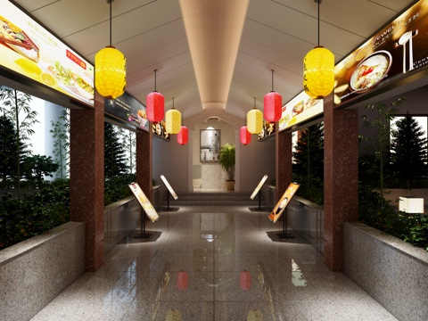  中式饭馆大厅和入口3d模型 