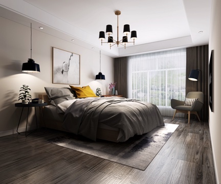  北欧卧室 吊灯 双人床 挂画 单人沙发3d模型 