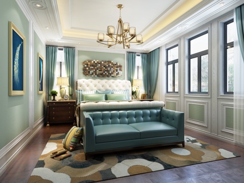  欧式卧室 吊灯 双人床 床尾凳 台灯 挂画3d模型 