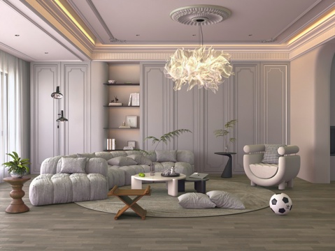  现代奶油风客厅 转角多人沙发 茶几 单人沙发3d模型 