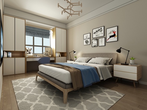  北欧卧室 吊灯 双人床 台灯 挂画 衣柜3d模型 