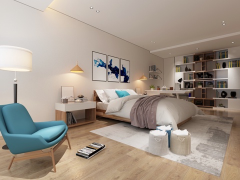  现代简约卧室 落地灯 单人沙发 双人床 吊灯 挂画 置物3d模型 