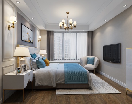  现代美式卧室 床 吊灯 床头灯3d模型 