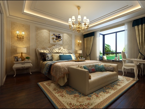  欧式卧室 书房 儿童房 吊灯 双人床 多人沙发 书桌椅3d模型 