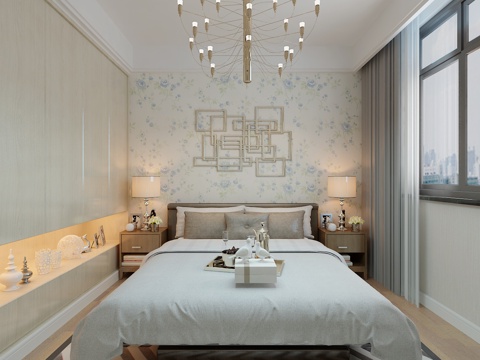  现代卧室 吊灯 双人床 台灯3d模型 