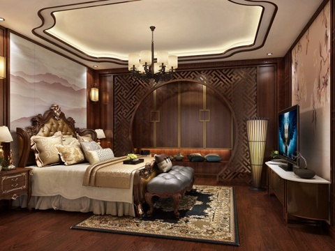  传统中式主卧 双人床 尾凳 床品 电视柜 衣柜 床头柜3d模型 